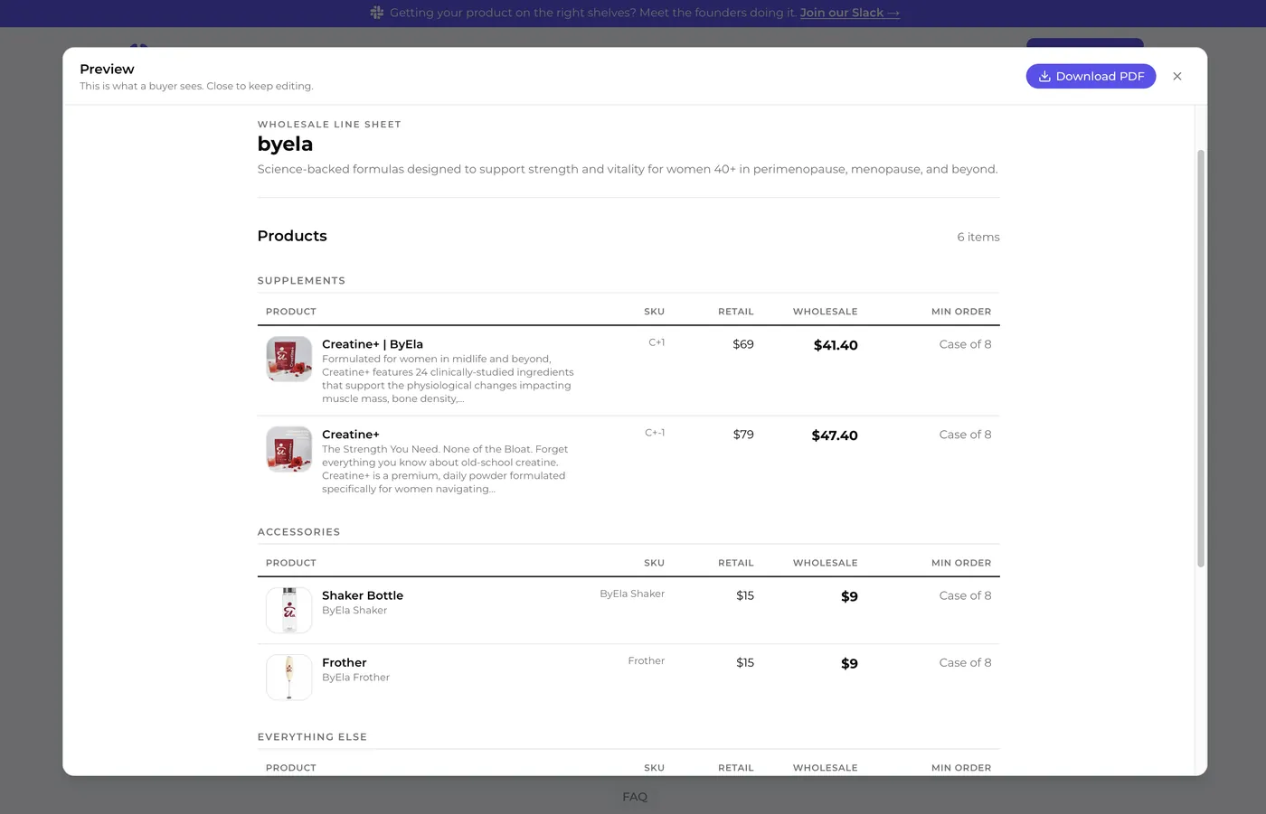 Finished wholesale line sheet as a buyer sees it, with products grouped into Supplements and Accessories sections and columns for SKU, retail price, wholesale price and minimum order