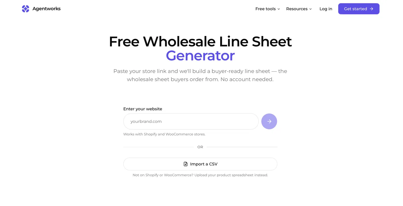 Free wholesale line sheet generator start screen, where a CPG brand pastes their Shopify or WooCommerce store link or imports a product CSV