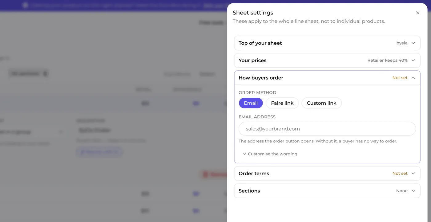 Line sheet order settings panel choosing how buyers order — by email, Faire link or a custom link — alongside pricing and order terms settings