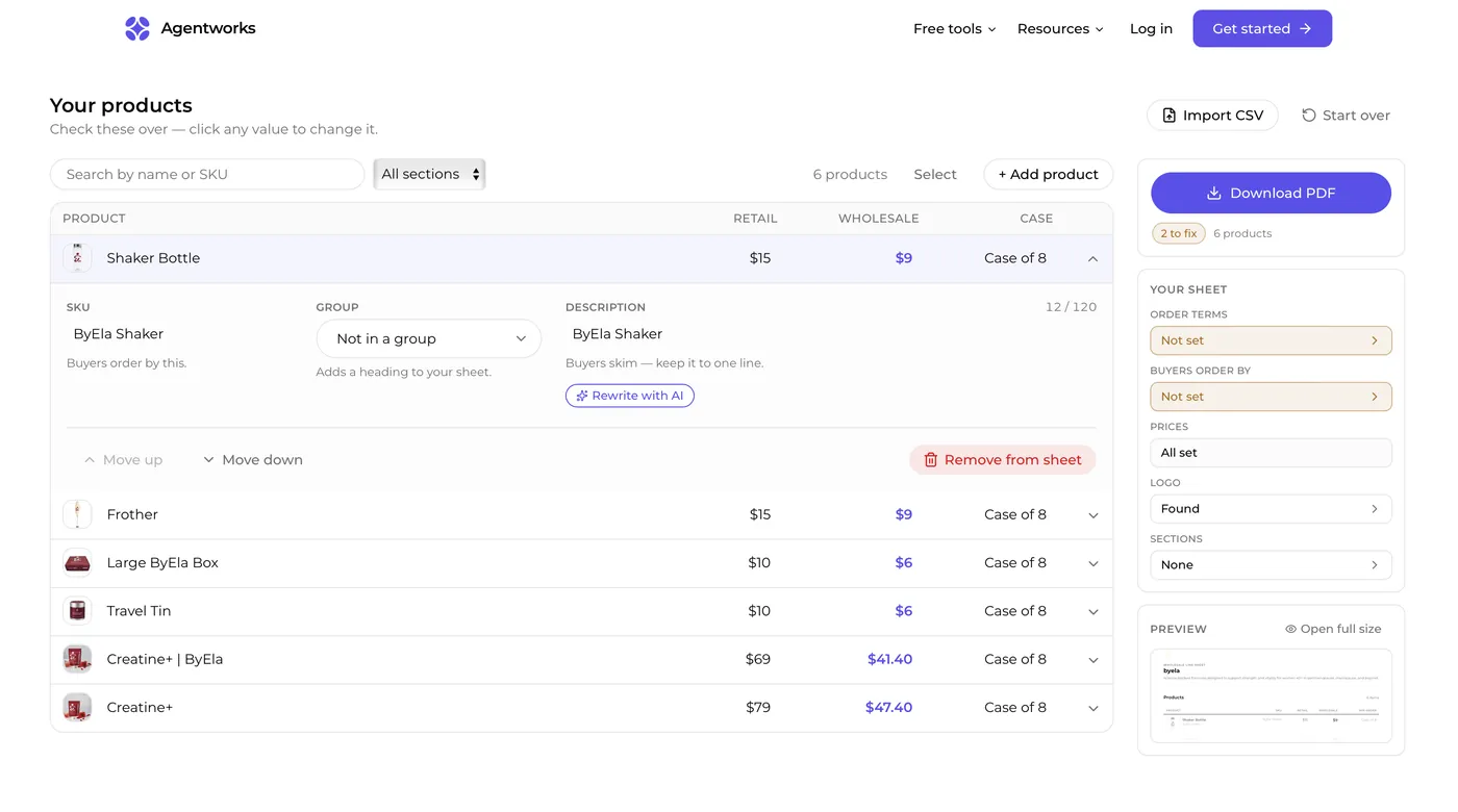 Wholesale line sheet generator product editor showing SKU, group, description, retail price, wholesale price and case pack for each product, with a sidebar tracking order terms, prices, logo and sections