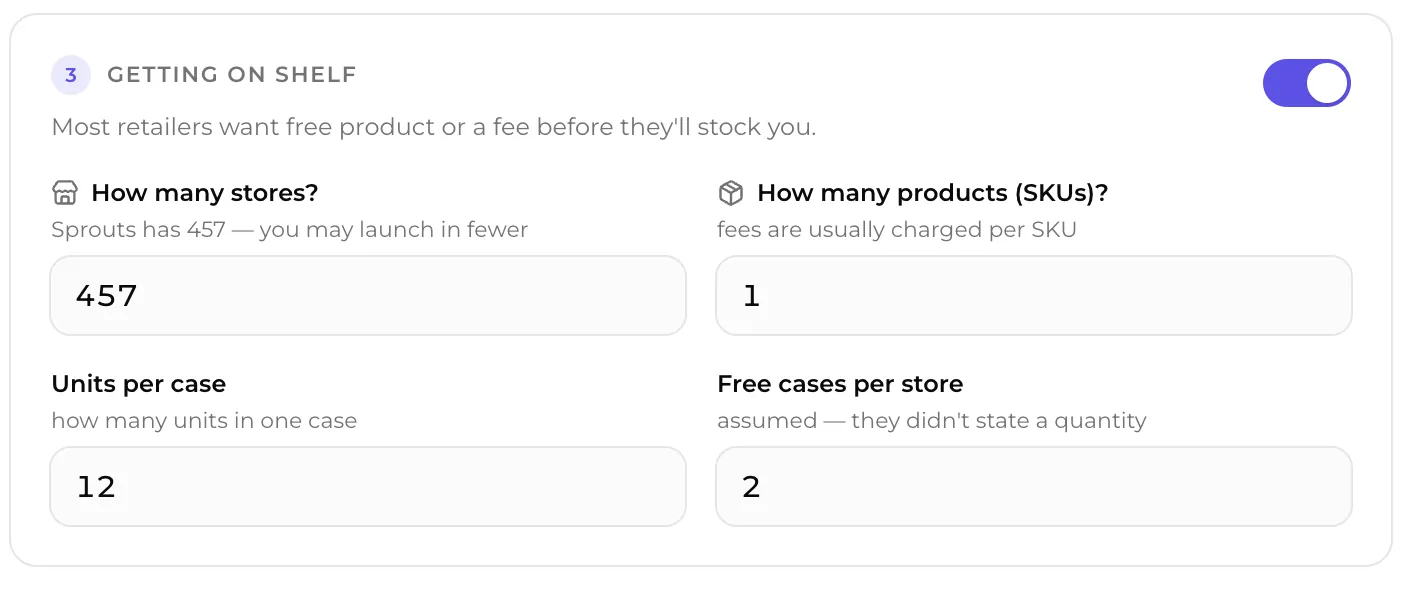 Calculator slotting inputs: 457 stores, 1 SKU, 12 units per case, 2 free cases per store