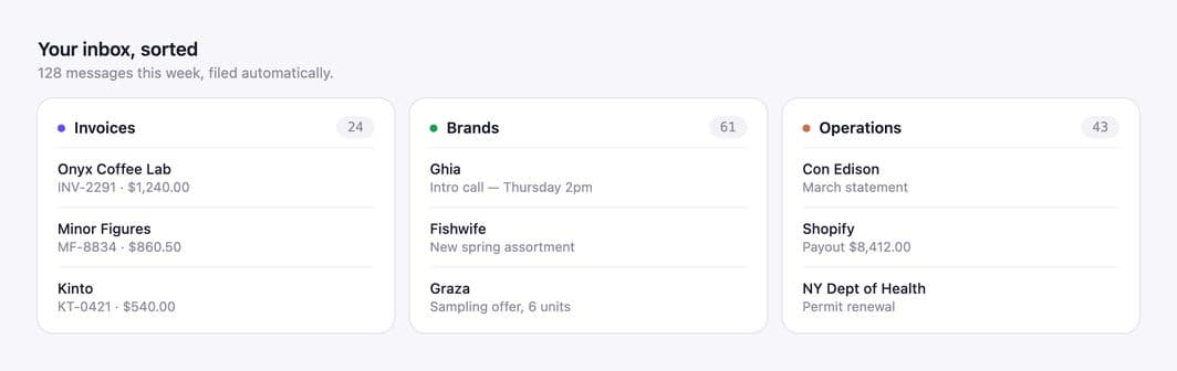 Agentworks Scout inbox view sorting messages into Invoices, Brands and Operations buckets